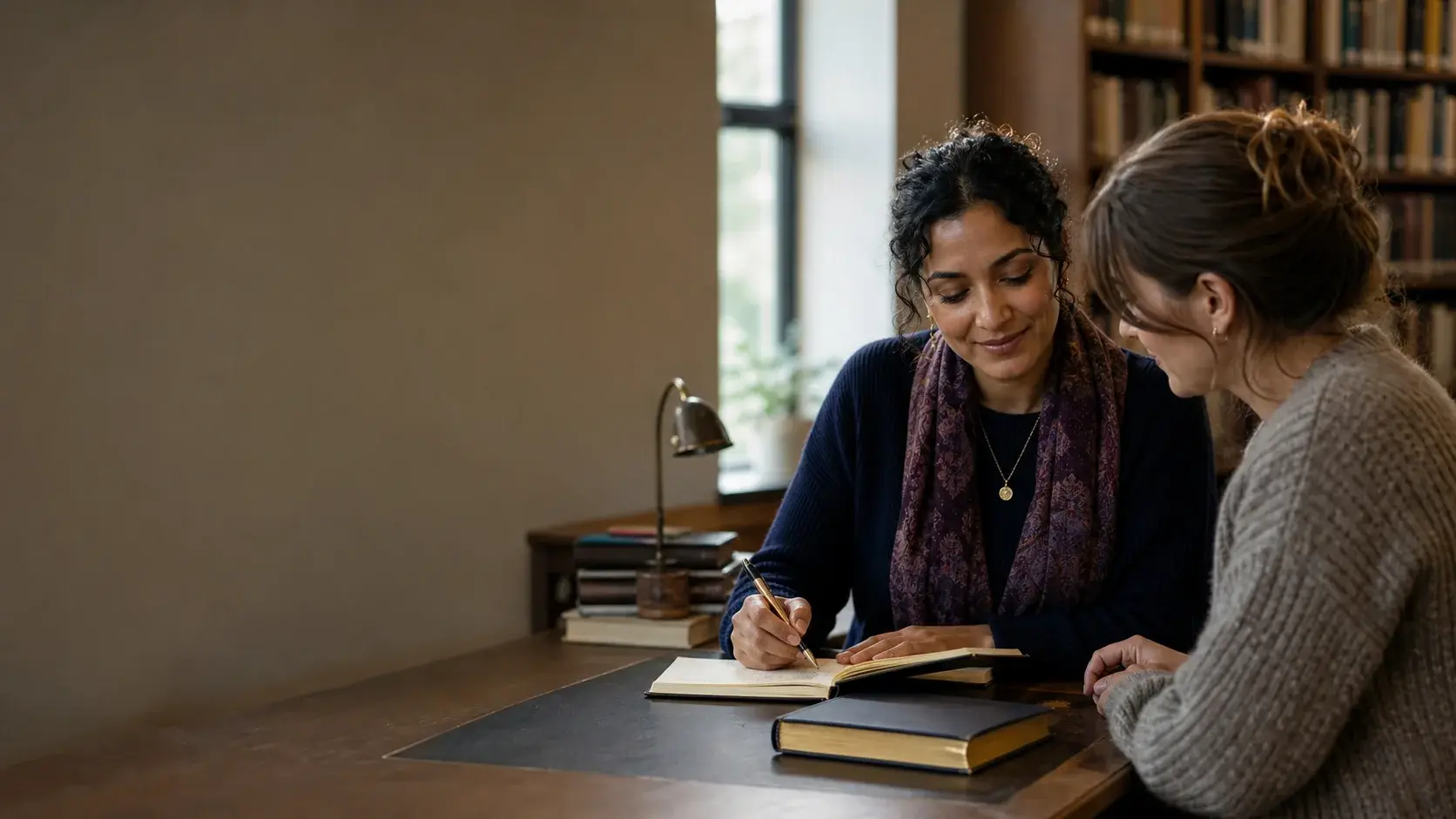 A helpful book conversation in a welcoming reading space