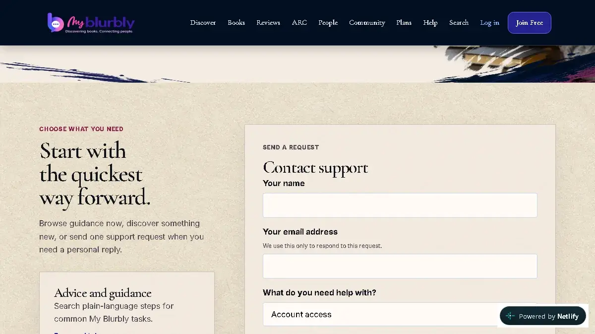 Live My Blurbly Contact and support page