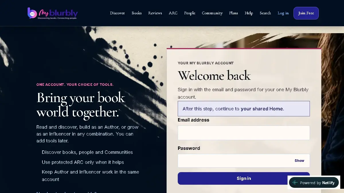 Live My Blurbly sign-in page