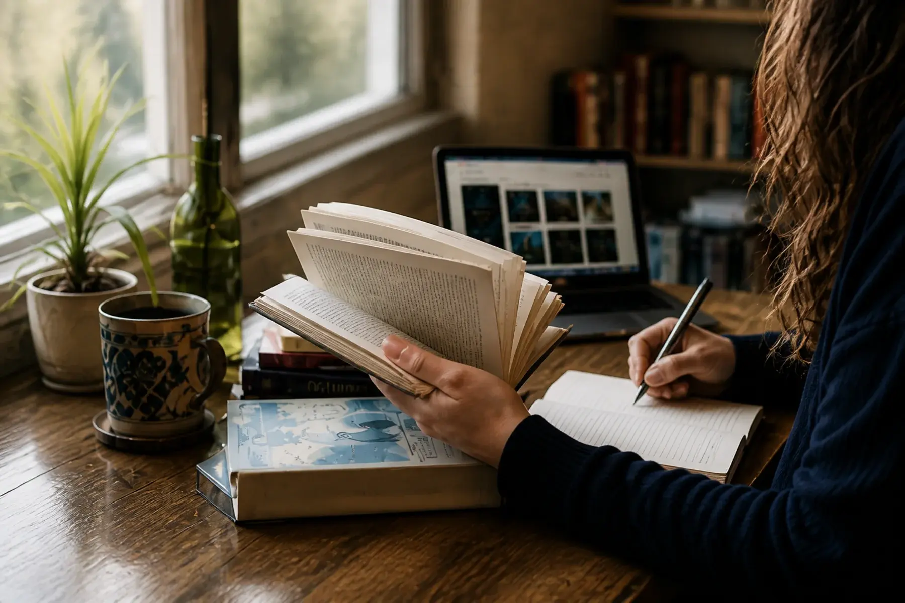 A reader and writer making notes beside books and a laptop
