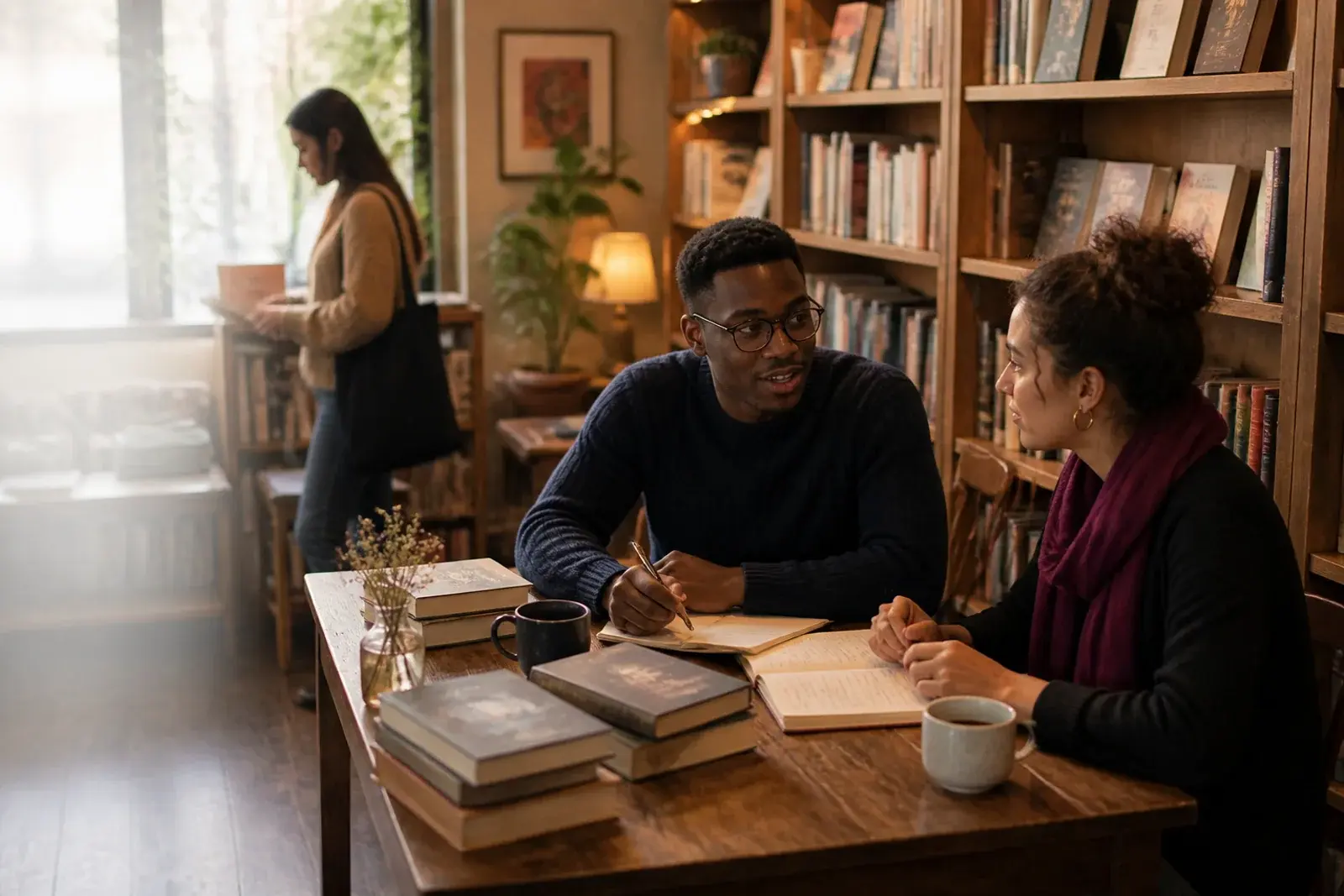 Three book people talking and browsing together in a warm independent bookshop