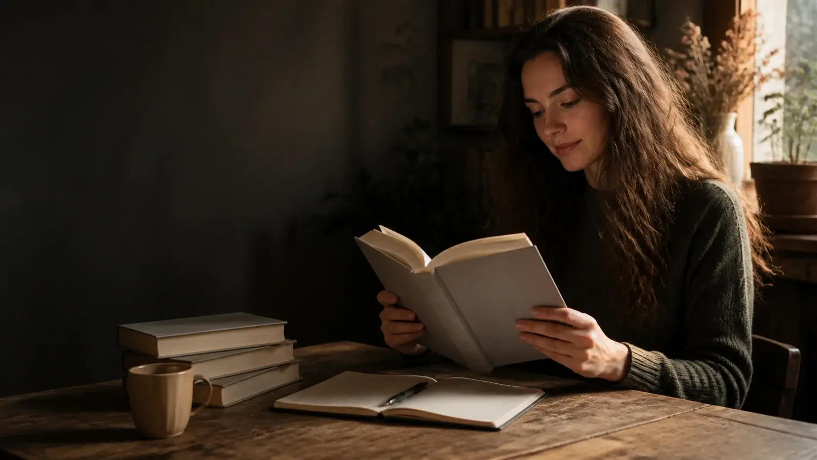 A reader considering an advance copy in a warm, book-filled setting