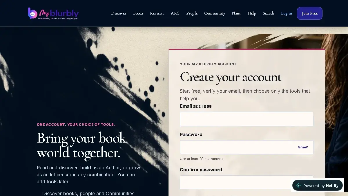 Live My Blurbly account creation page with email, password and optional referral fields