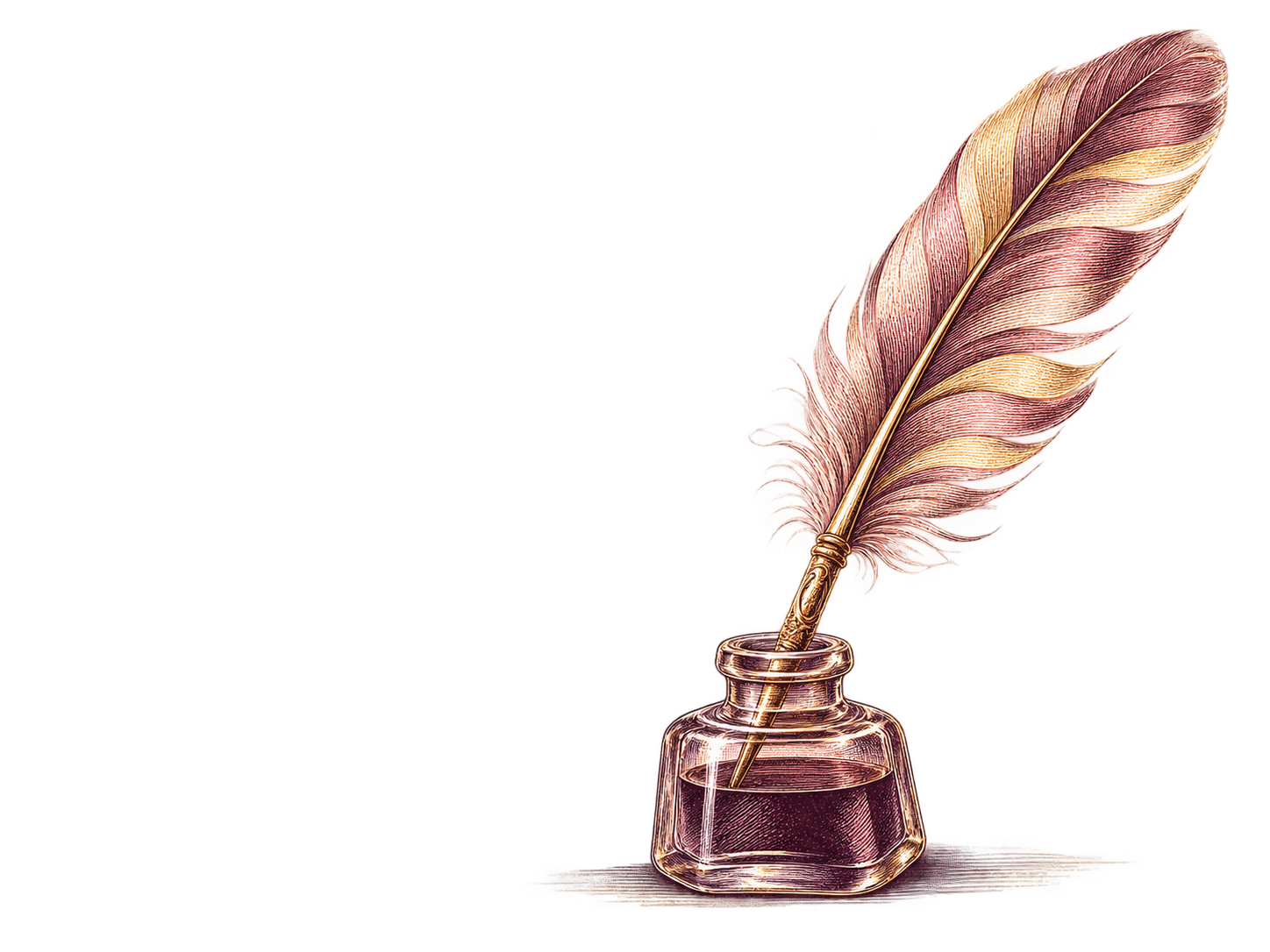 Engraved quill resting in an ink bottle